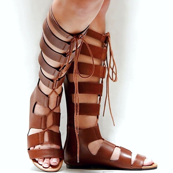 New Brown Lace Up Gladiator Knee High Sand… - Picture 2 of 3